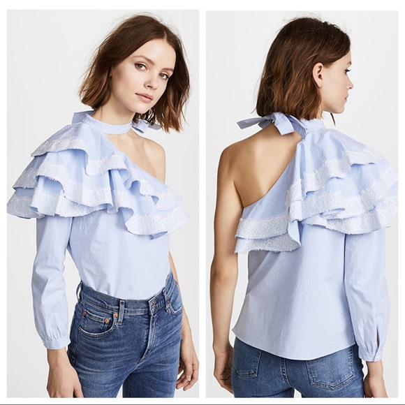 Veronica Beard One Shoulder Ruffle Top Blouse Sz 6 - Picture 10 of 16